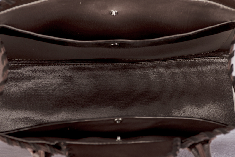 Dark brown women's dress handbag, matching pumps and belts. Rear view - Florence KOOIJMAN